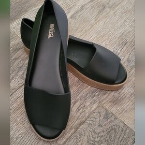 Melissa Puzzle Ad Peep Toe Platform Shoes Slip On Casual Flats Black Size 8